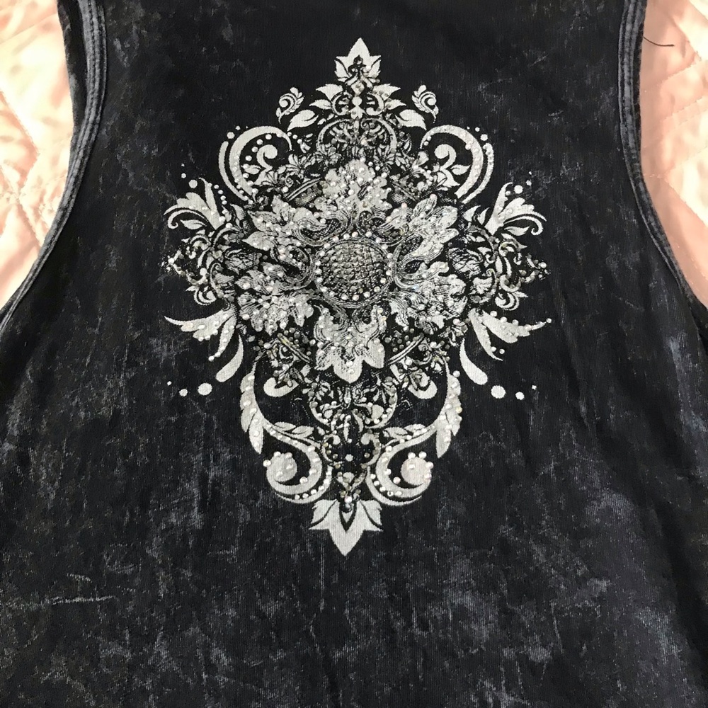 This Vocal racer back charcoal/black studded 29” knit shirt is beautiful.
